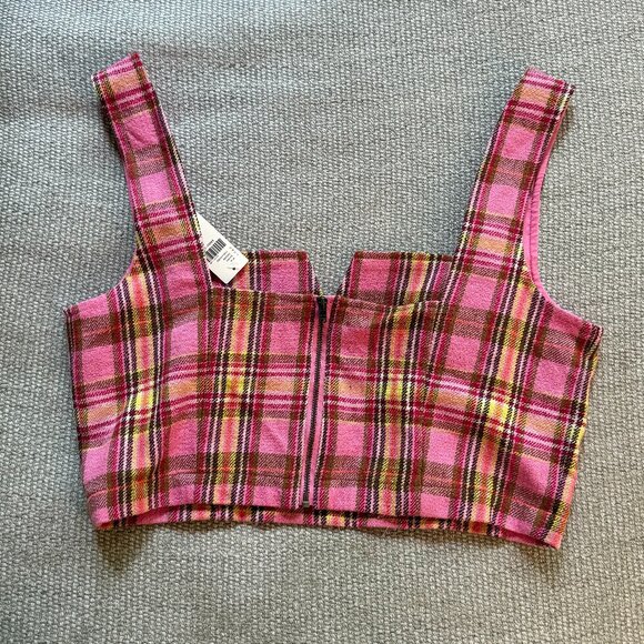 NWT Anthropologie Maeve Structured Plaid Corset Crop Top in Pink Combo - Size 8 - Picture 7 of 10